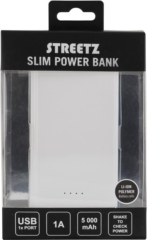 STREETZ Powerbank, 5000mAh, Li-Ion, USB 5V 1A, vit - 5