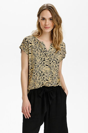 Kaffe - Edmonda Jersey Blouse SS / T-shirt / Black / Yellow Leaf