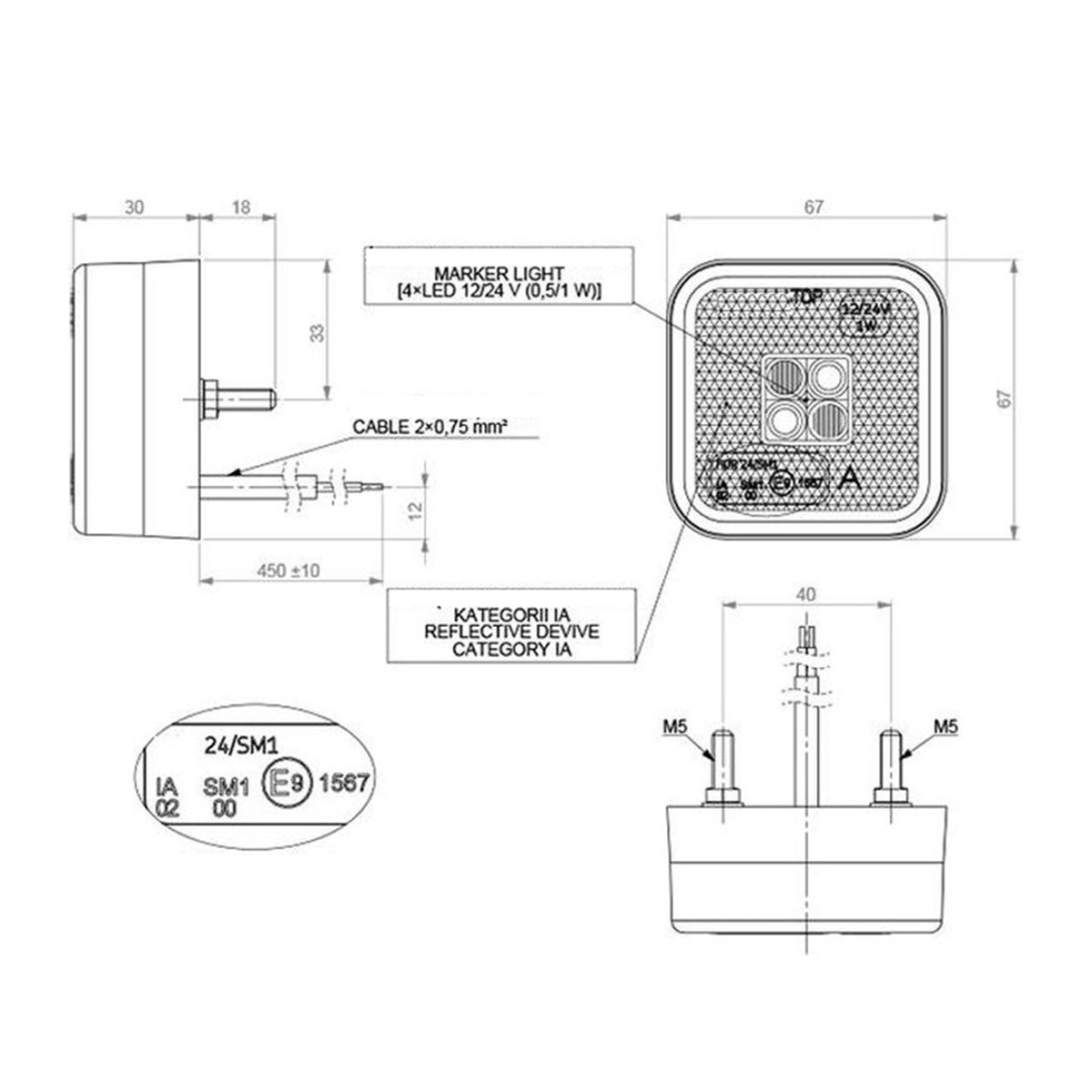LED Sidomarkering - 12V 24V - 67 x 67mm - 4