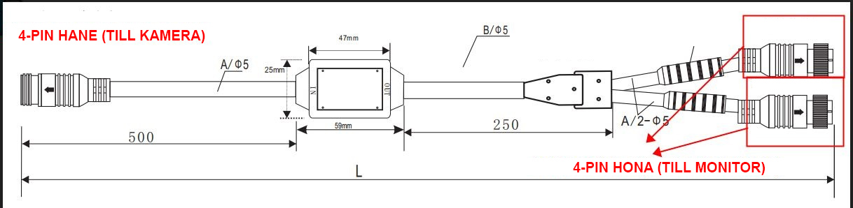 Splitkabel för 1 x Backkamera till 2 x Monitor / Skärm | En kamera skickar bild till två skärmar - 2