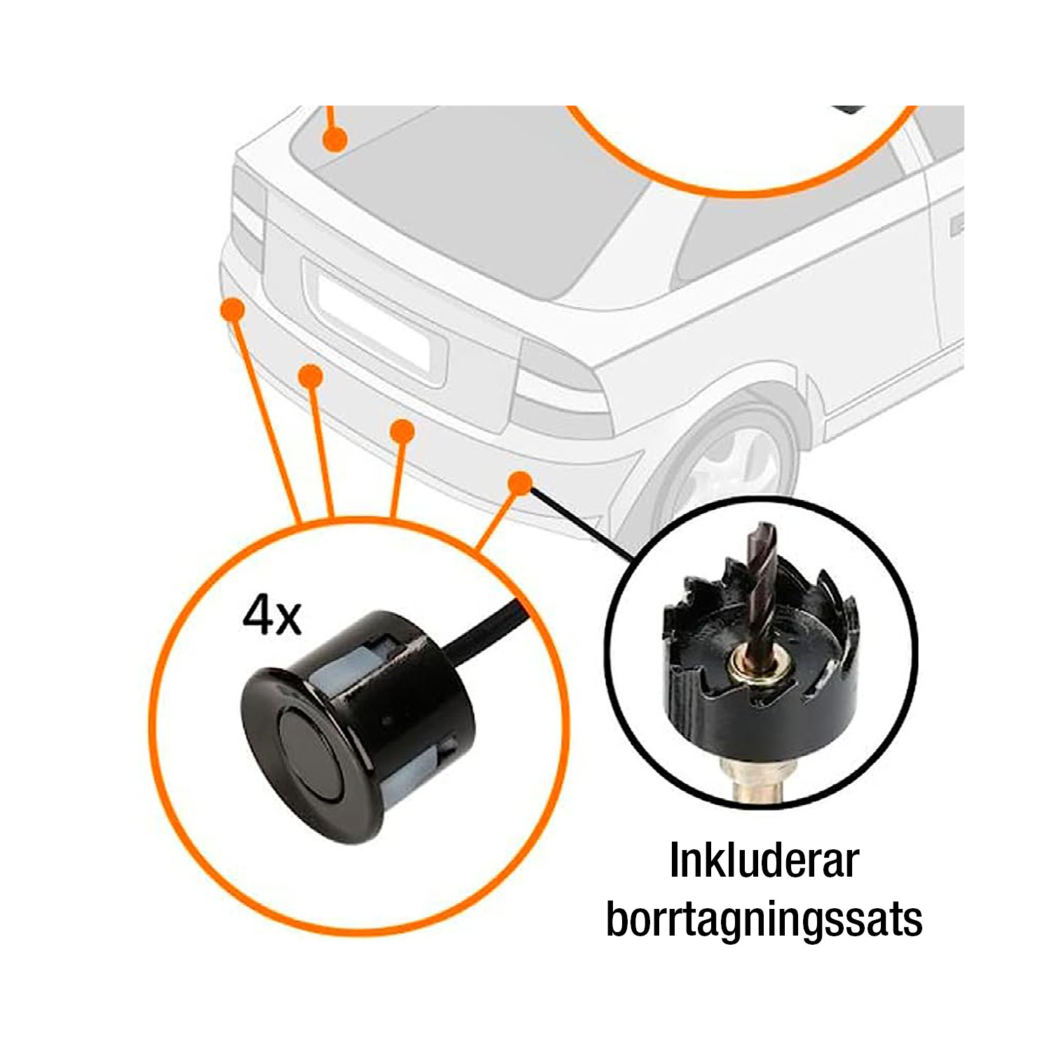 Akustisk Parkeringshjälp - Komplett Paket med 4 backsensorer 