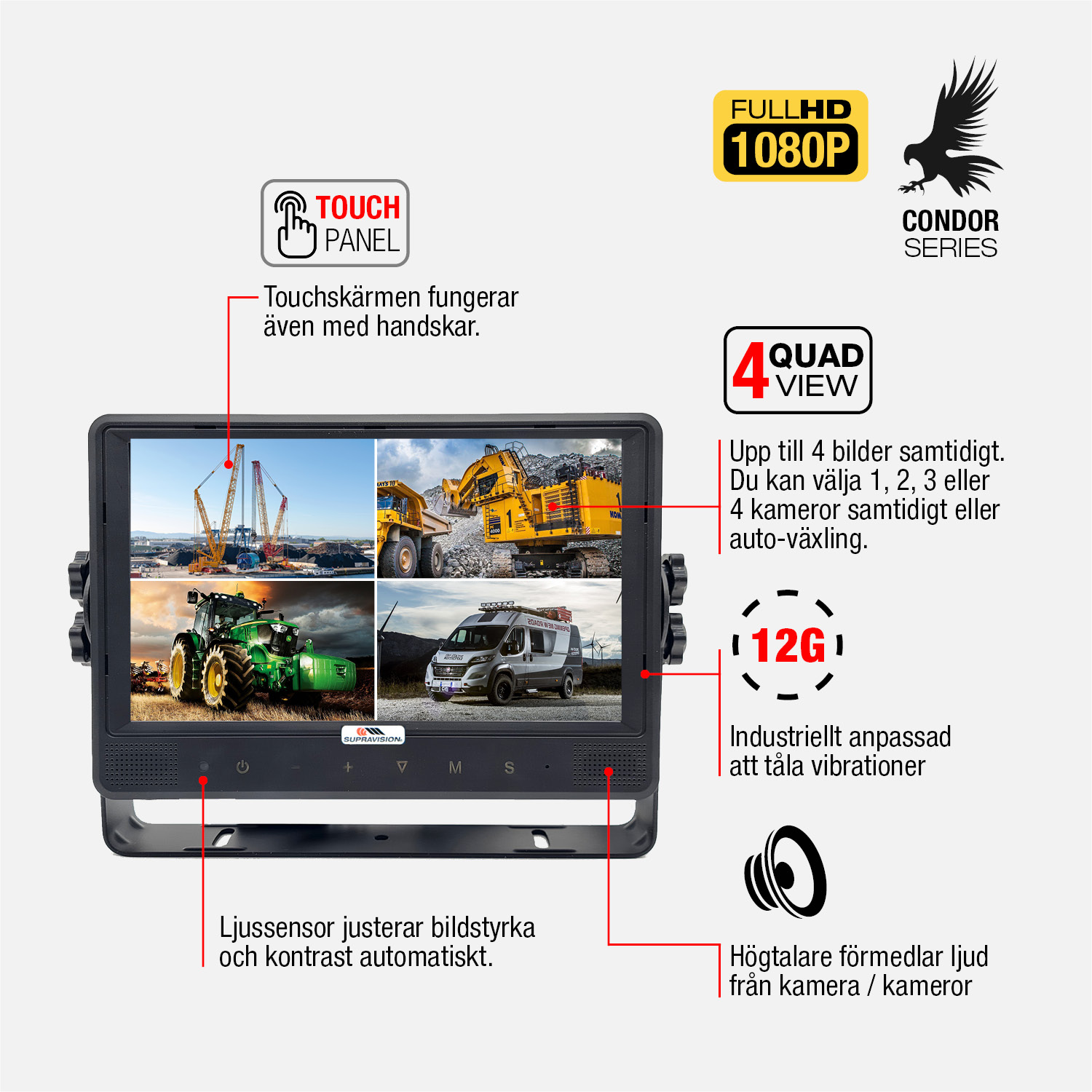 CONDOR 94 - Bunden 9.3 Tum FHD Monitor med 4 Kameror för industriellt bruk |  | Touchskärm Quad-View Adaptiv ljusstyrka | Supravision - 2