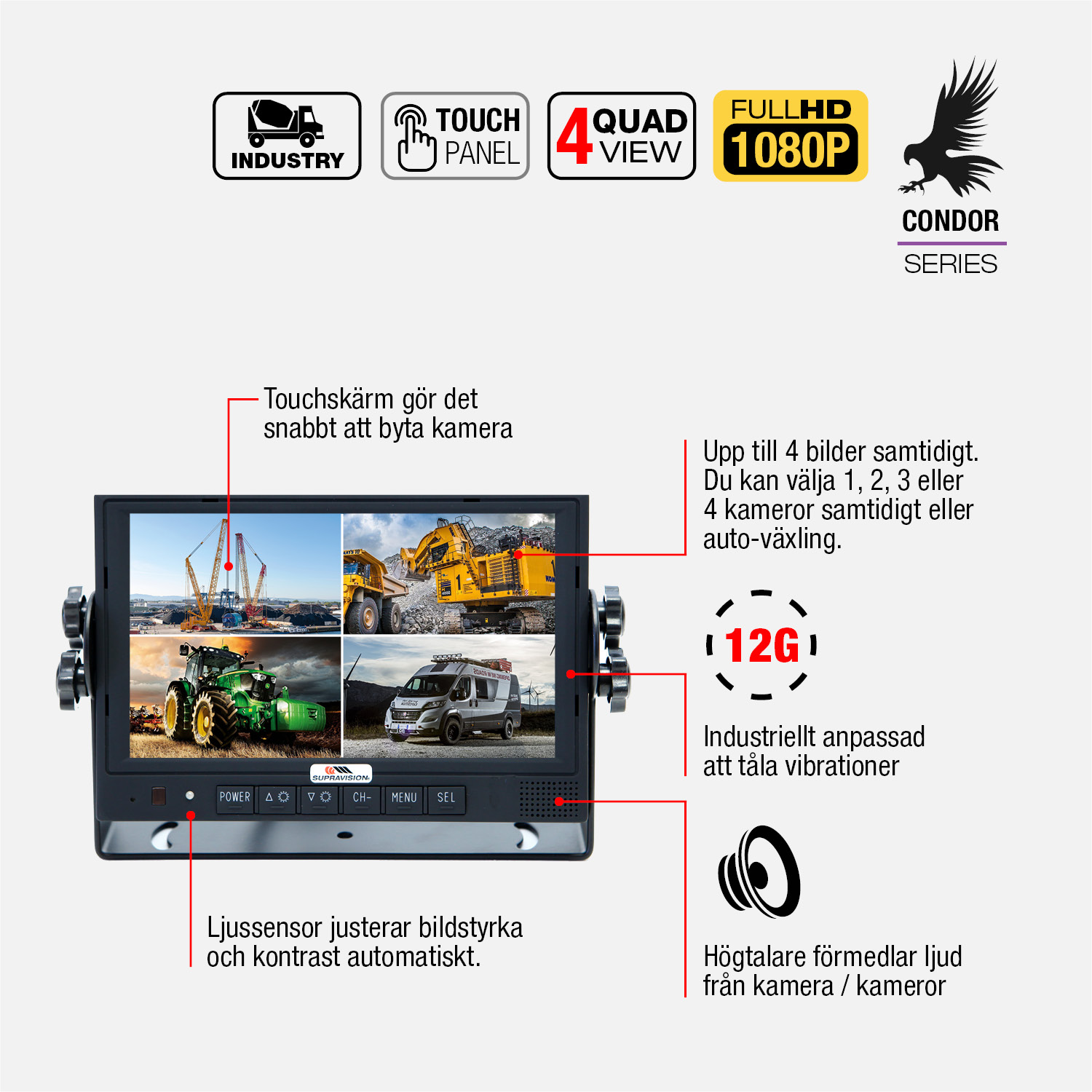 CONDOR 71V (FHD) - Kabelbunden Backkamera med Motorvisir Linsskydd   |  Paket med 7 tum monitor | Supravision - 2