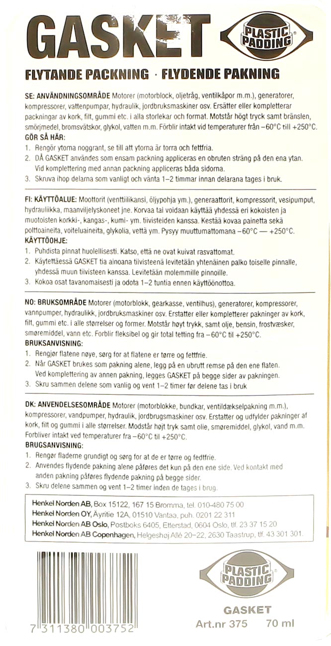 Plastic Padding Gasket 375 - Flytande Packning - 70 ml - Klar på minuten, temperaturbeständig  - 2