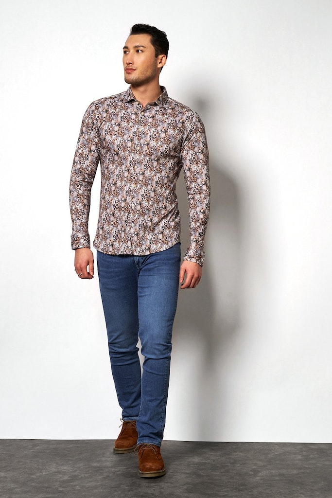 Skjorta i jersey slim fit. Märke  DESOTO, färg brun mönstrad  - 2