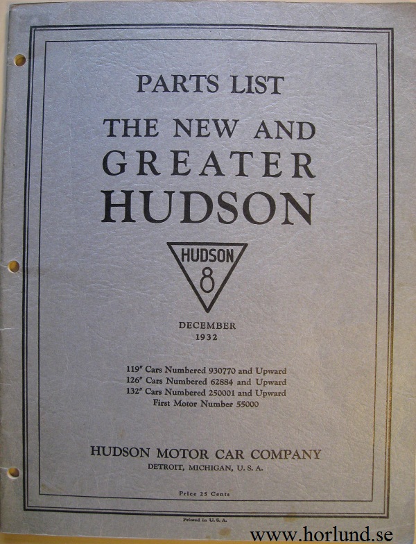 1932 Hudson 8 Parts List December