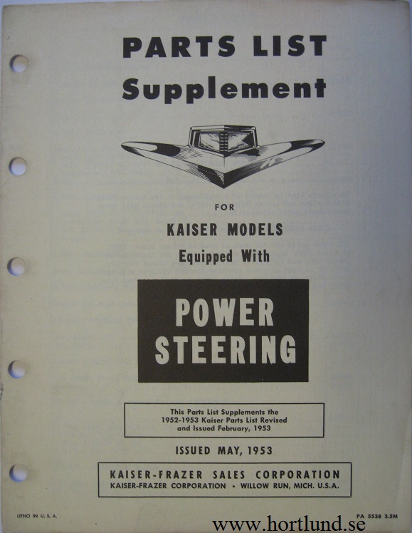1953 Kaiser Power Steering Parts List supplement