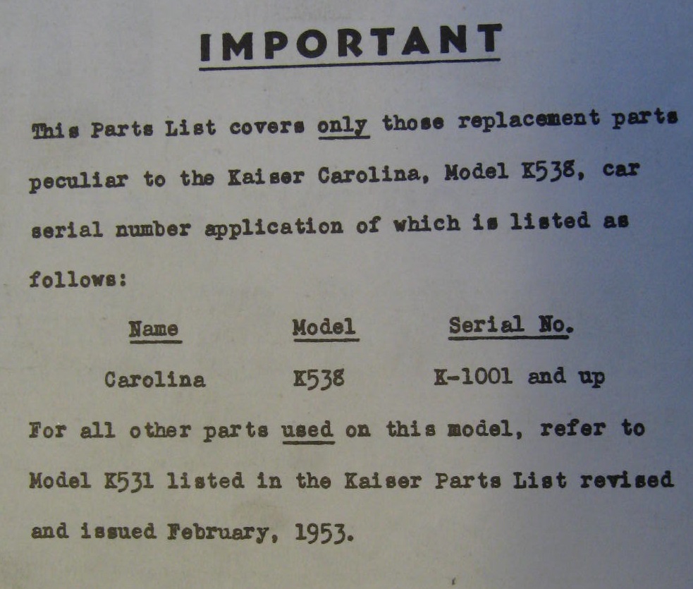 1953 Kaiser Carolina Parts List - 2