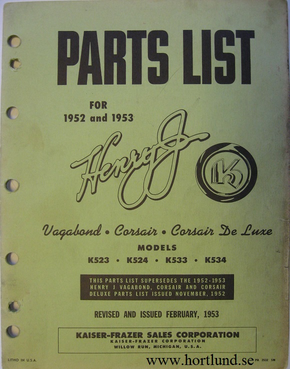 1952 - 1953 Henry J Parts List