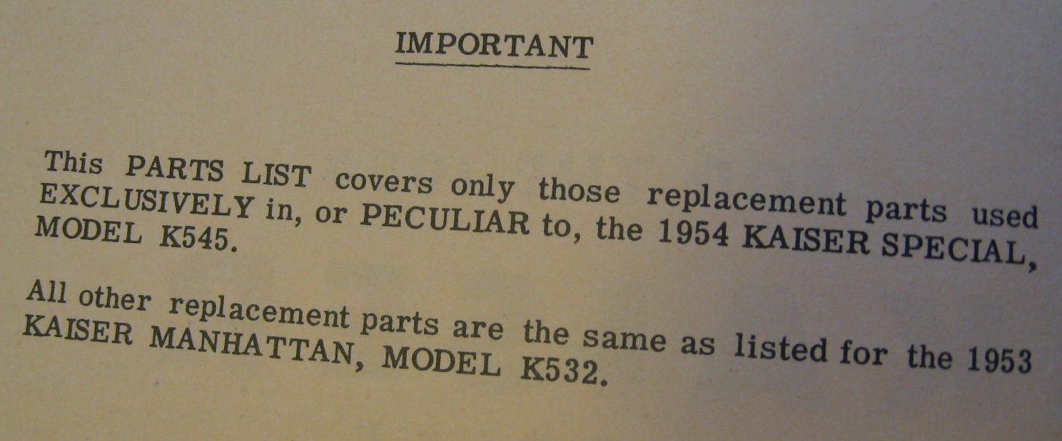 1954 Kaiser Special Parts List - 2