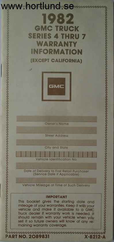 1982 GMC Series 4 - 7 Truck Warranty Information