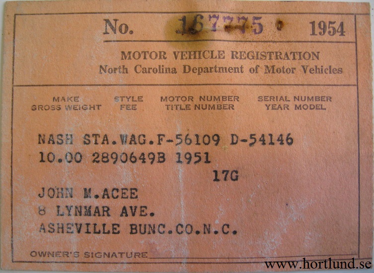 1951 Nash Rambler registreringskort