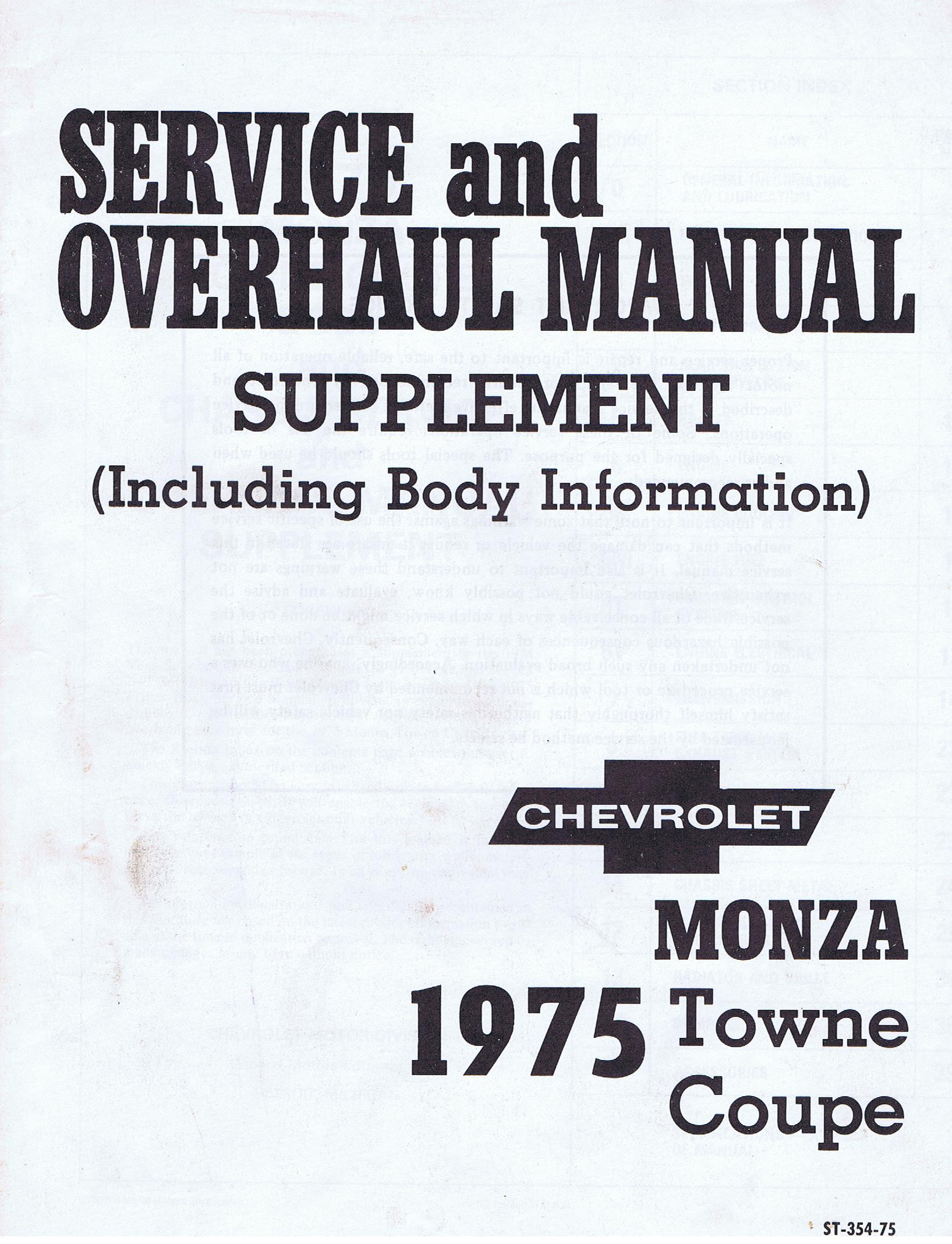 1975 Chevrolet Monza Town Coupe Service and Overhaul Manual Supplement Including Body Information