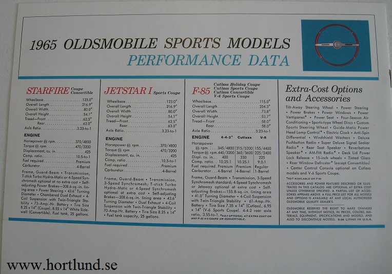 1965 Oldsmobile Sports Cars Starfire Jetstar I 442 F-85 Cutlass broschyr - 2