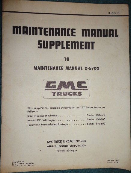 1958 GMC 100-600 Truck Maintenance Manual supplement