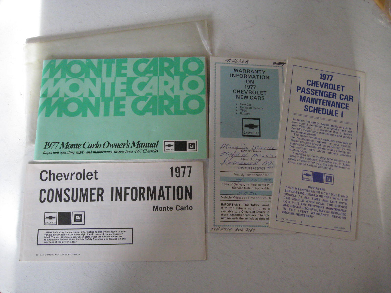 1977 Chevrolet Monte Carlo Owners Manual + Warranty Information + Maintenance Schedule + Consumer Infrormation + plastficka