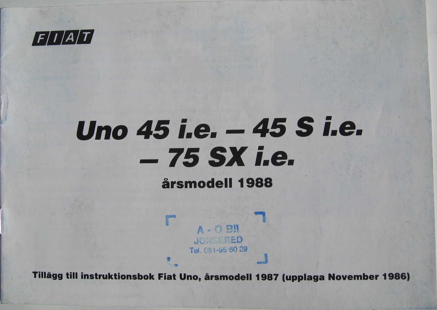 1988 Fiat Uno supplement till instruktionsbok