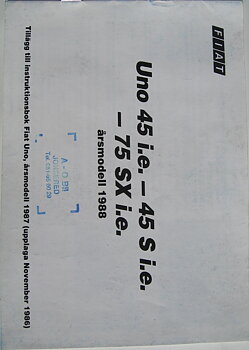 1988 Fiat Uno supplement till instruktionsbok