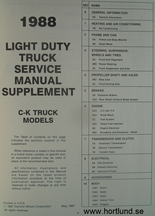 1988 GMC Light Duty Trucks Service Manual supplement C & K models - 2