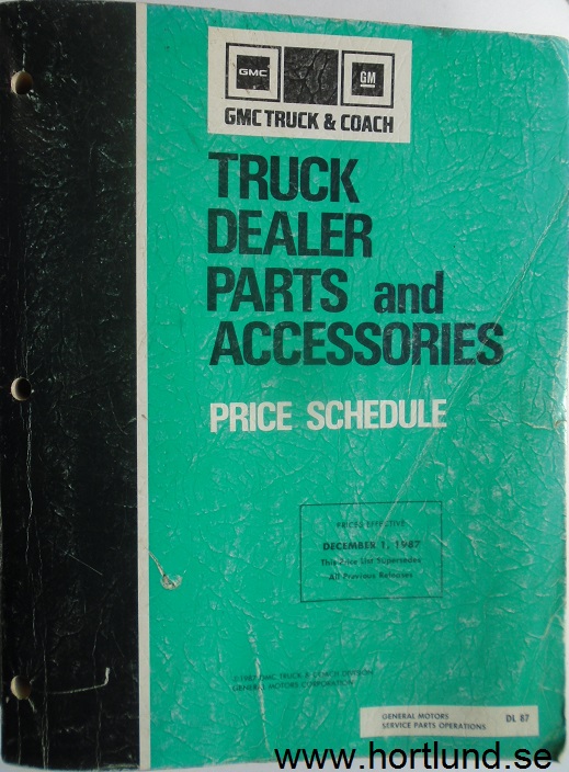 1988 GMC Truck Dealer Parts and Accessories Price Schedule