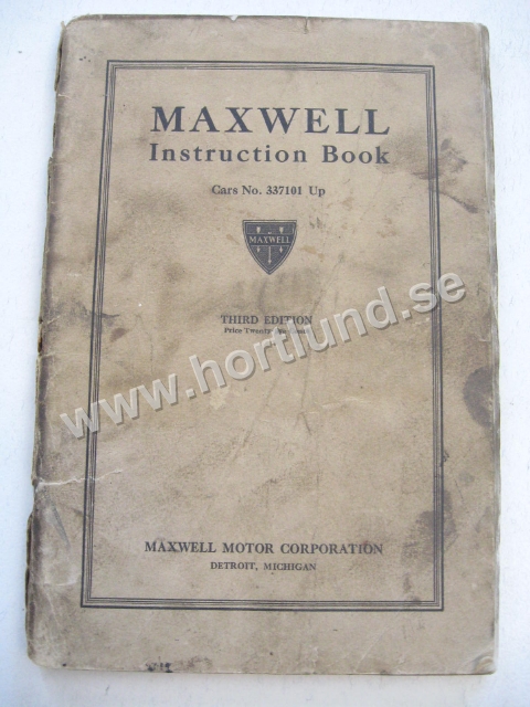 1921 Maxwell Instruction Book Cars No. 337101 Up Third Edition
