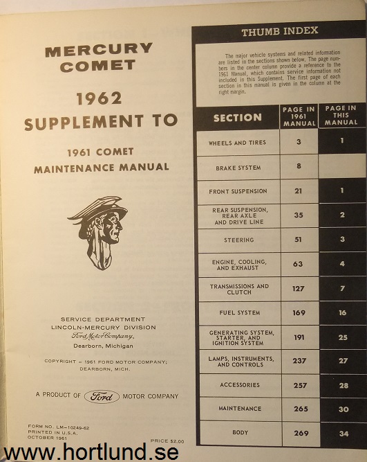 1962 Mercury Comet Maintenance Manual supplement - 2