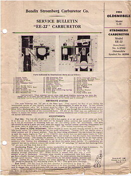 1933 Oldsmobile Service Bulletin EE-22 Carburator för Mod L-33