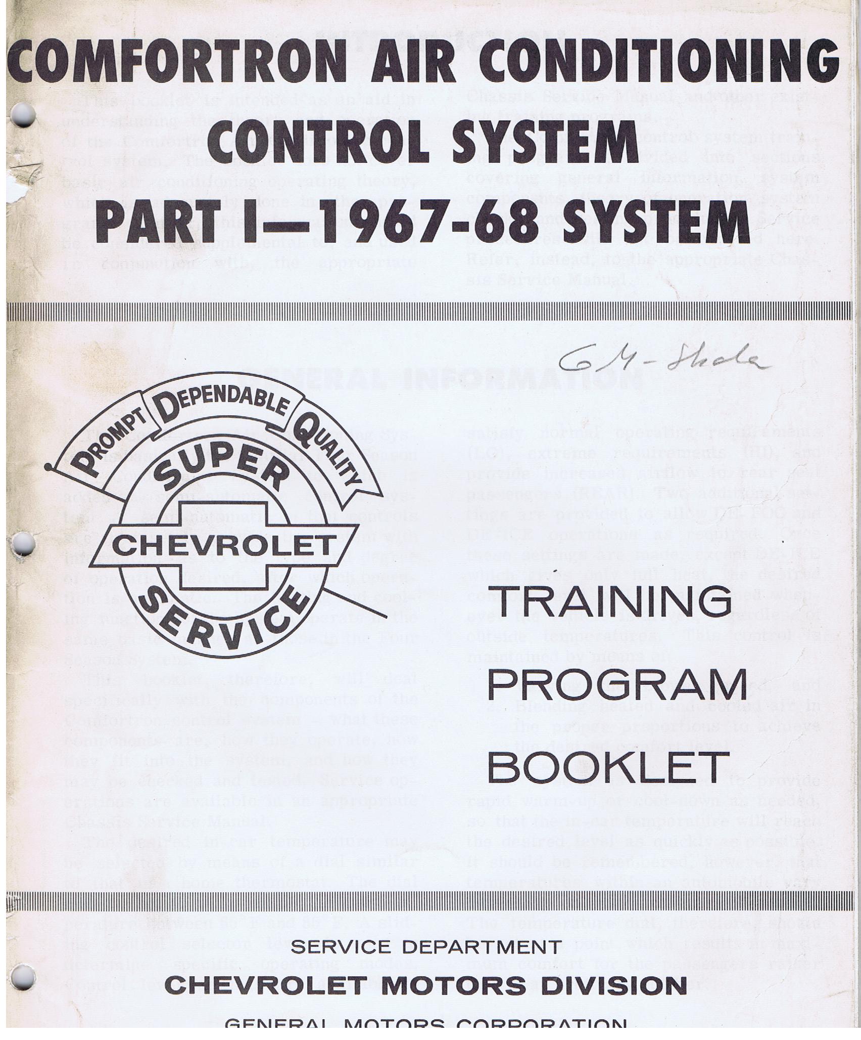 1967 - 1968 Chevrolet Training Program Booklet Comfortron Air Conditioning Control System Part 1 1967-68 System