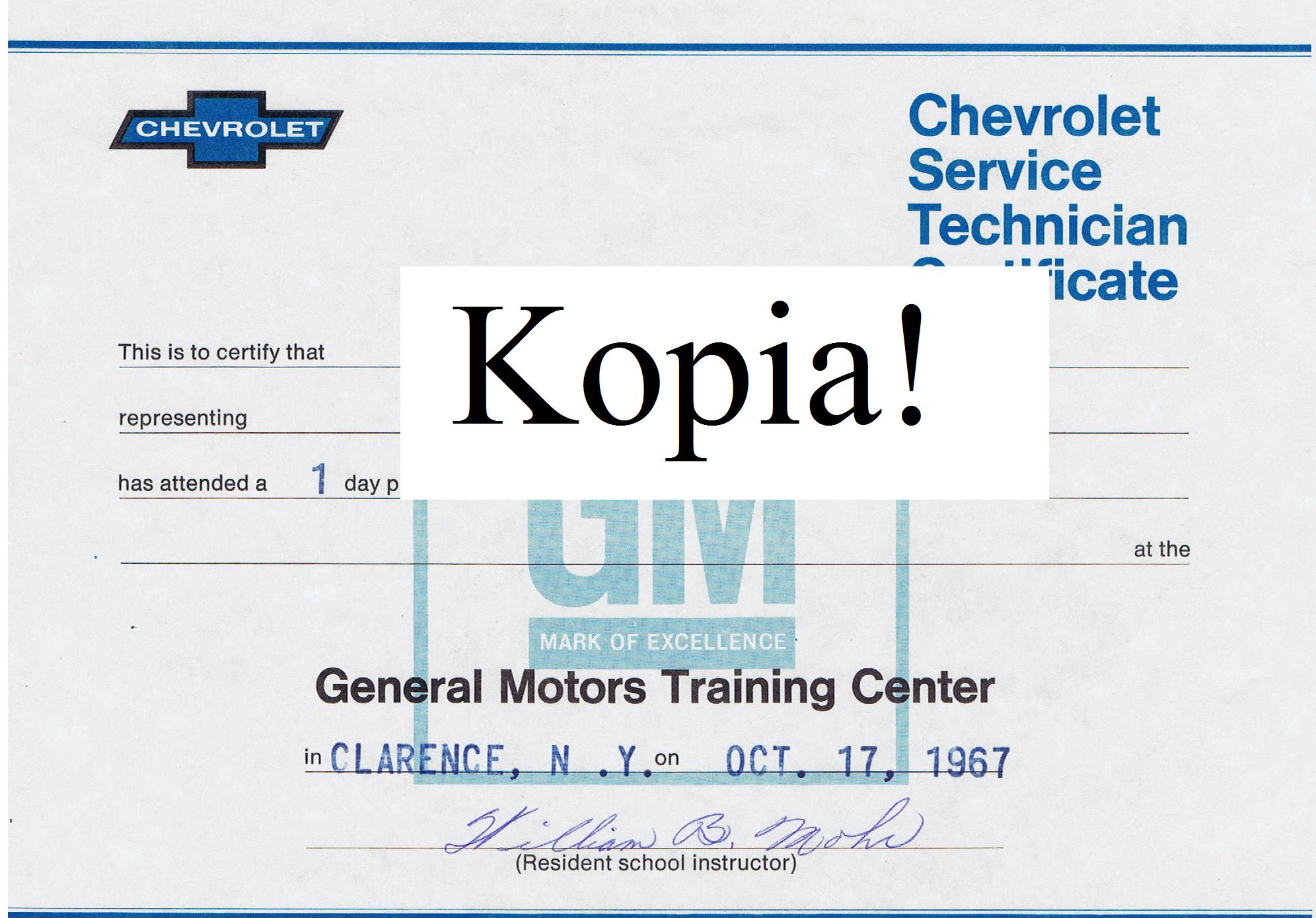 1968 Chevrolet Service Technician Certificate 1968 new product
