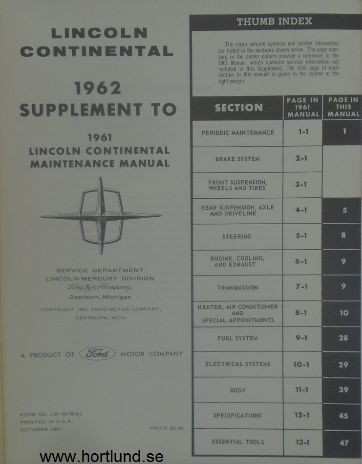 1962 Lincoln Continental Maintenance Manual supplement original - 2