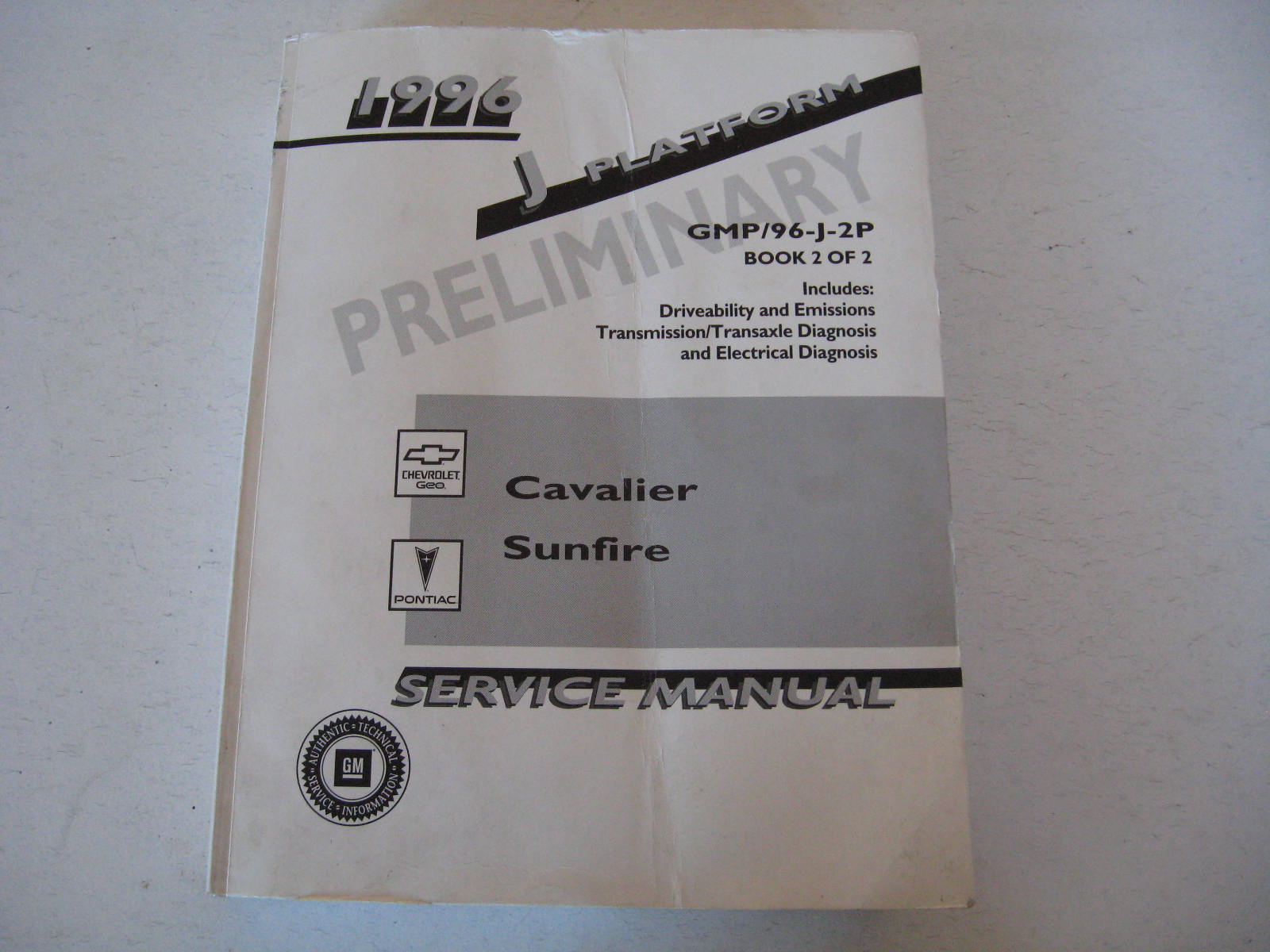 1996 Chevrolet J Platform Preliminary Service Manual bok 2 av 2 Chevrolet Cavalier + Pontiac Sunfire
