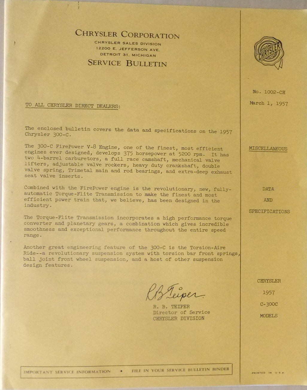 1957 Chrysler 300-C Service Manual