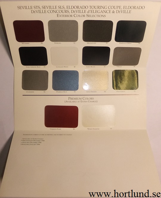 1999 Cadillac Seville Eldorado DeVille Exterior Color Selections - 2