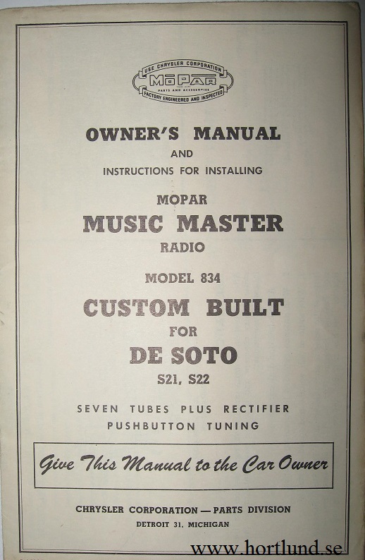 1955 De Soto Radio Model 834 Owner's Manual