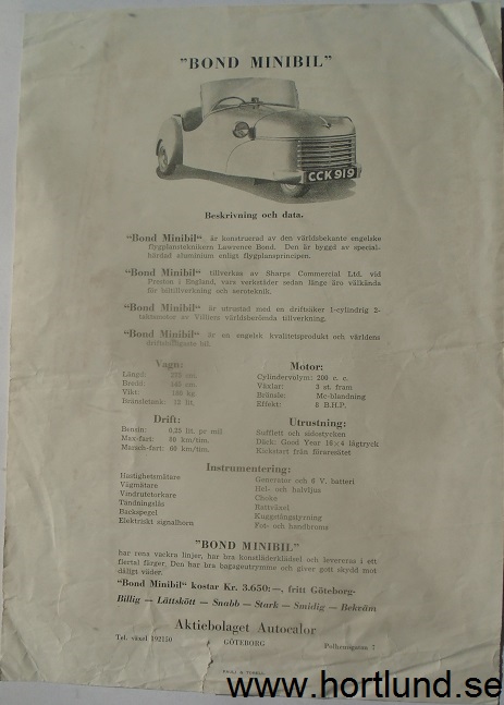 1949 Bond Minicar broschyr svensk