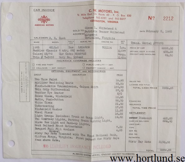 1965 Rambler Car Invoice