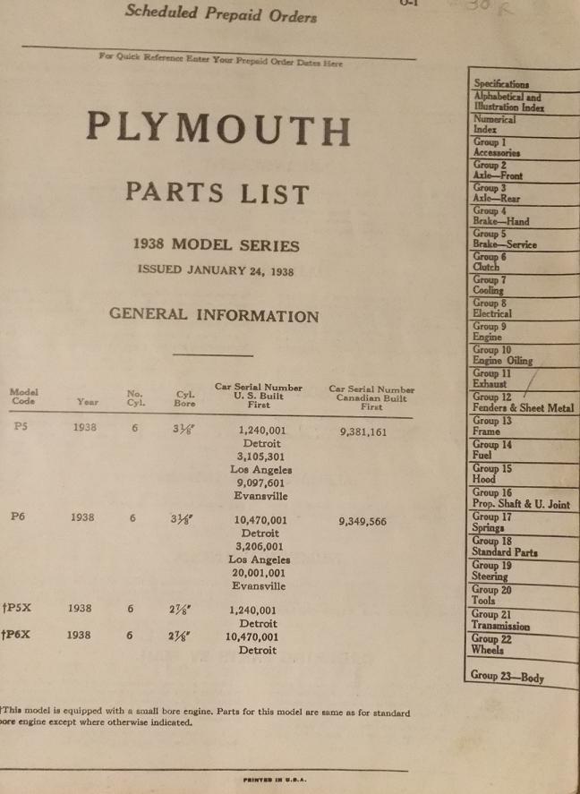 1938 Plymouth Passenger Car Parts List - 2
