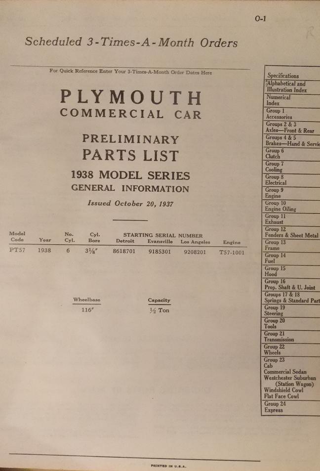 1938 Plymouth Commercial Car Preliminary Parts List - 2
