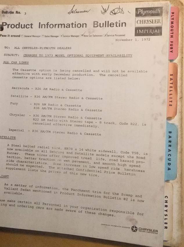 1973 Plymouth & Chrysler och Imperial Code Lists - 2