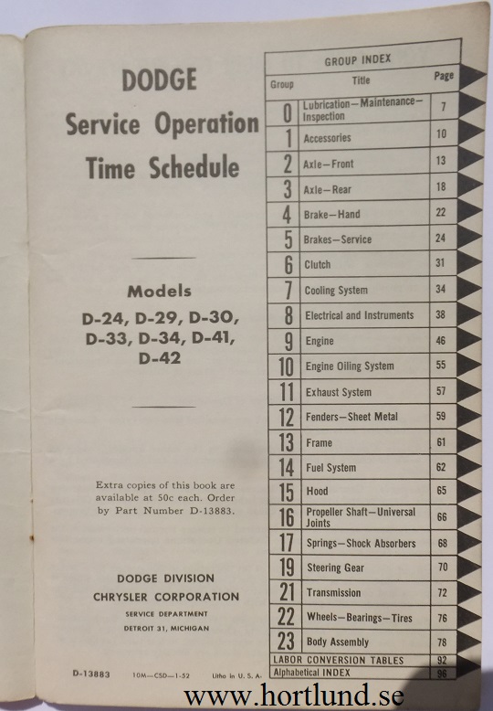 1952 Dodge Passenger Car Service Time Schedule 1946-1952 - 2
