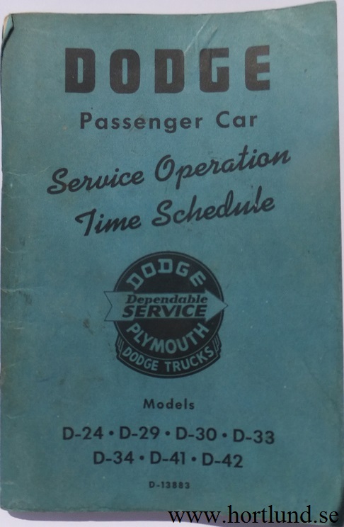 1952 Dodge Passenger Car Service Time Schedule 1946-1952
