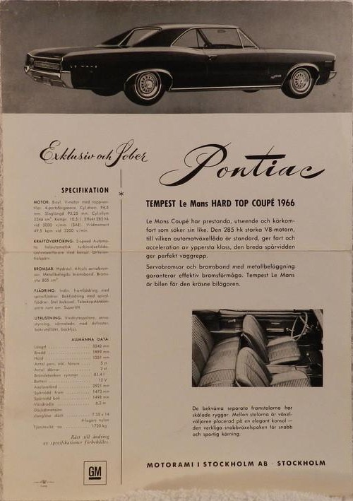 1966 Pontiac Tempest Le Mans 2-d HT broschyr svensk