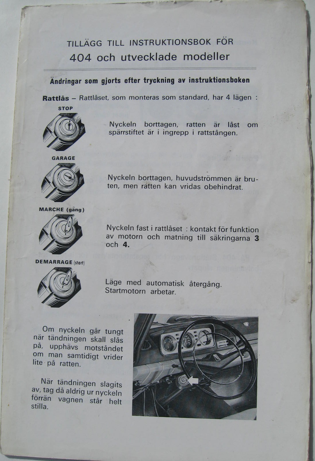 1970 Peugeot 404 tillägg till Instruktionsbok