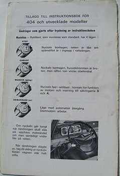 1970 Peugeot 404 tillägg till Instruktionsbok