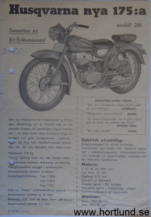 1952 Husqvarna modell 281 Drömbågen broschyr svensk