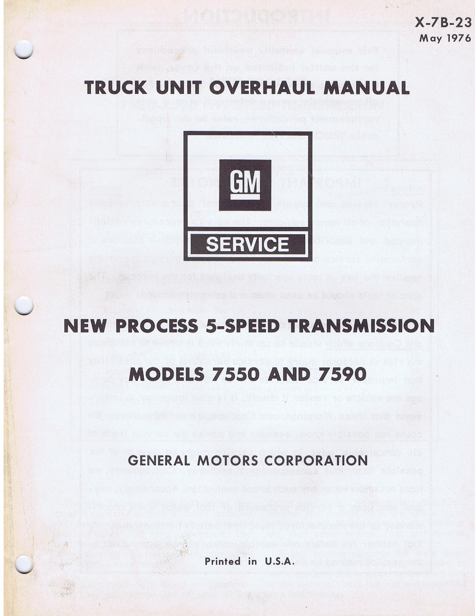 1976 Chevrolet Truck Unit Overhaul Manual New Process 5-Speed Transmission Models 7550 and 7590