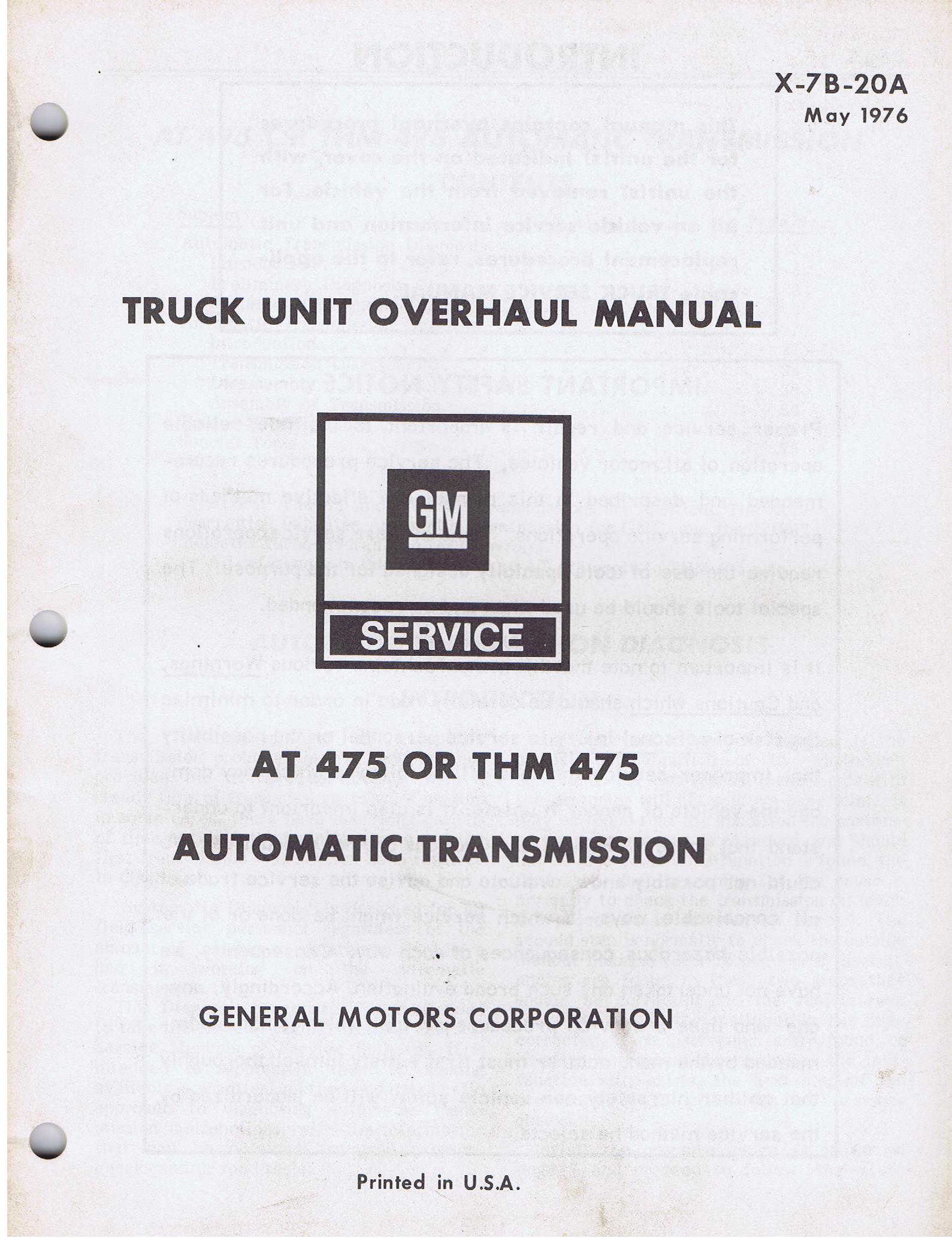 1976 Chevrolet Truck Unit Overhaul Manual AT 475 or THM 475 Automatic Transmission