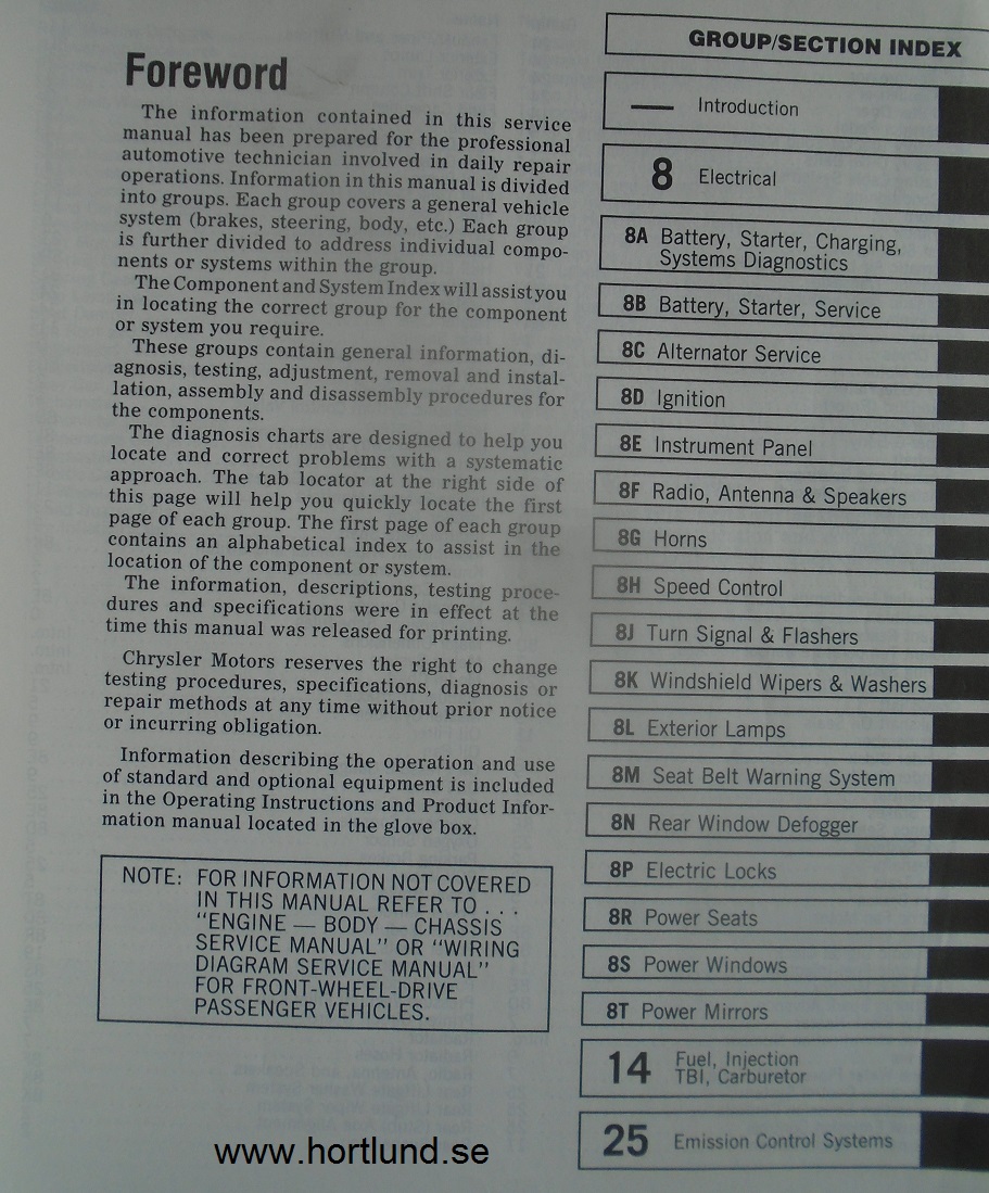 1988 Chrysler Dodge Plymouth Front Wheel Drive Service Manual 2 - 2
