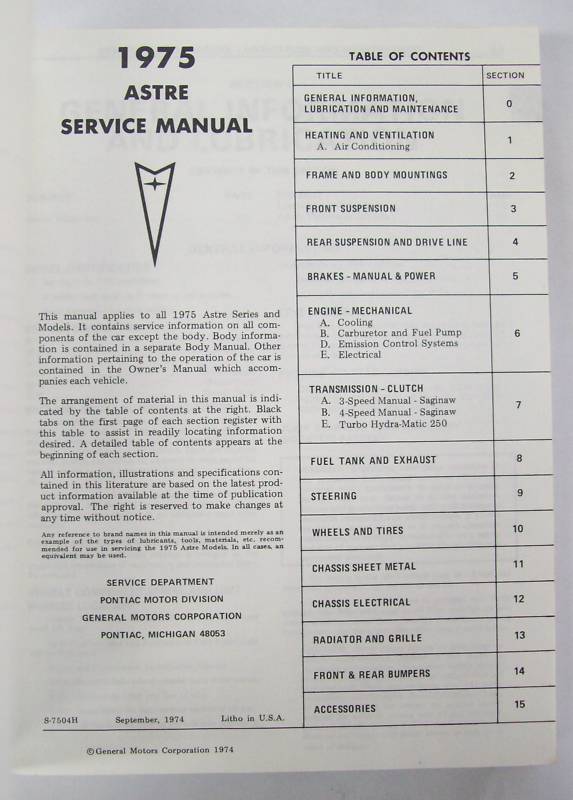 1975 Pontiac Astre Service Manual alla modeller - 2