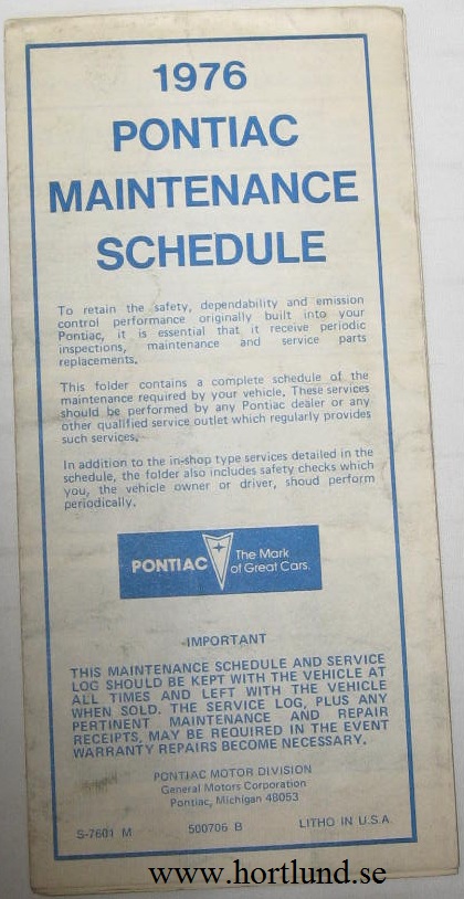 1976 Pontiac Maintenance Schedule alla modeller